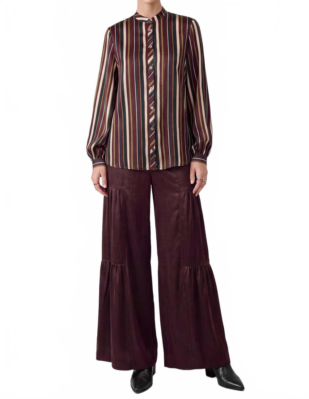 NEW CURRENT AIR striped long sleeve blouse in burgundy multi